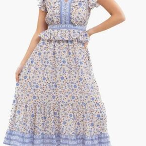 Blue and Orange Tiered Midi Sundress with Flutter Sleeves